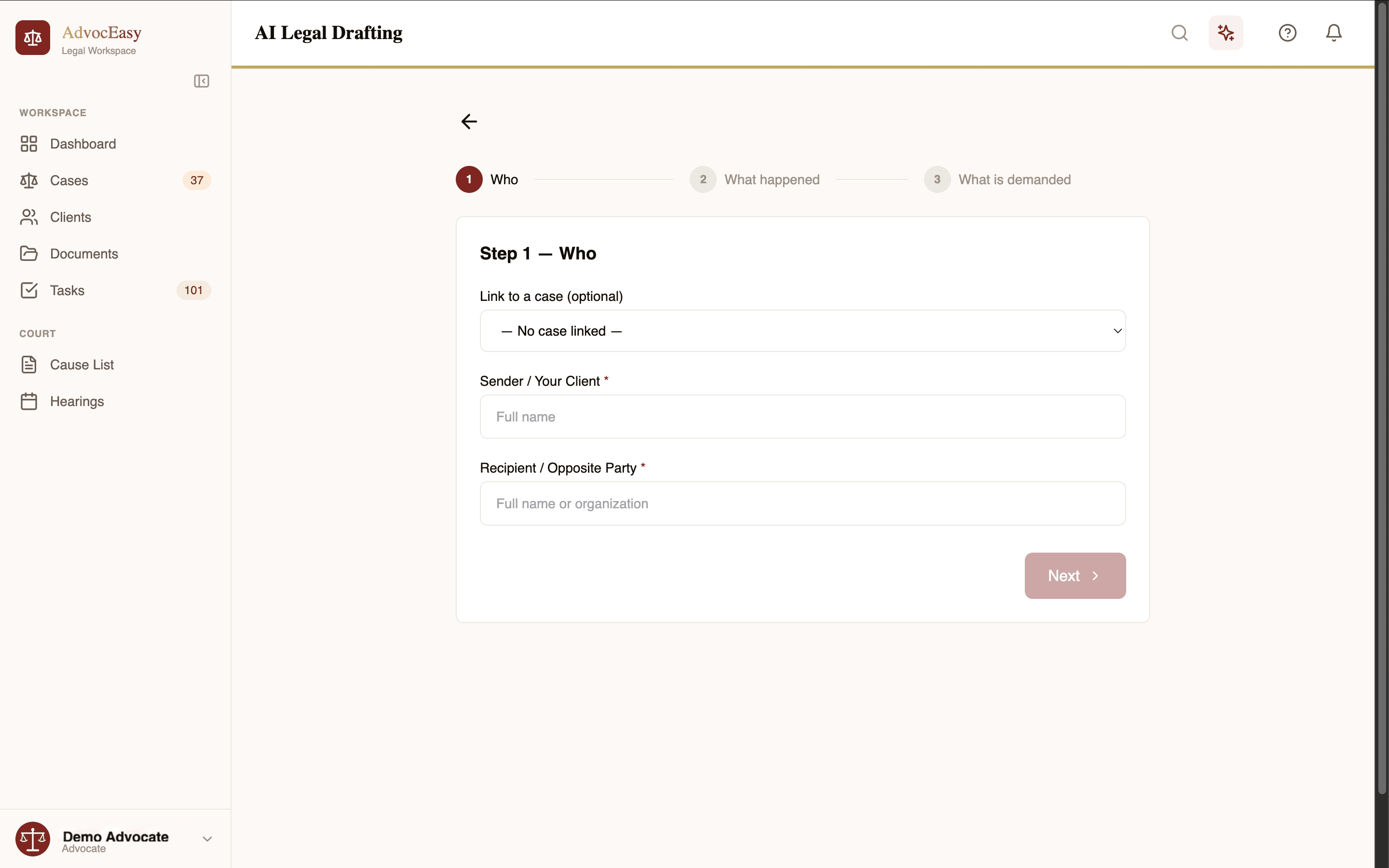 AdvocEasy legal drafting workflow showing blank sender and recipient fields