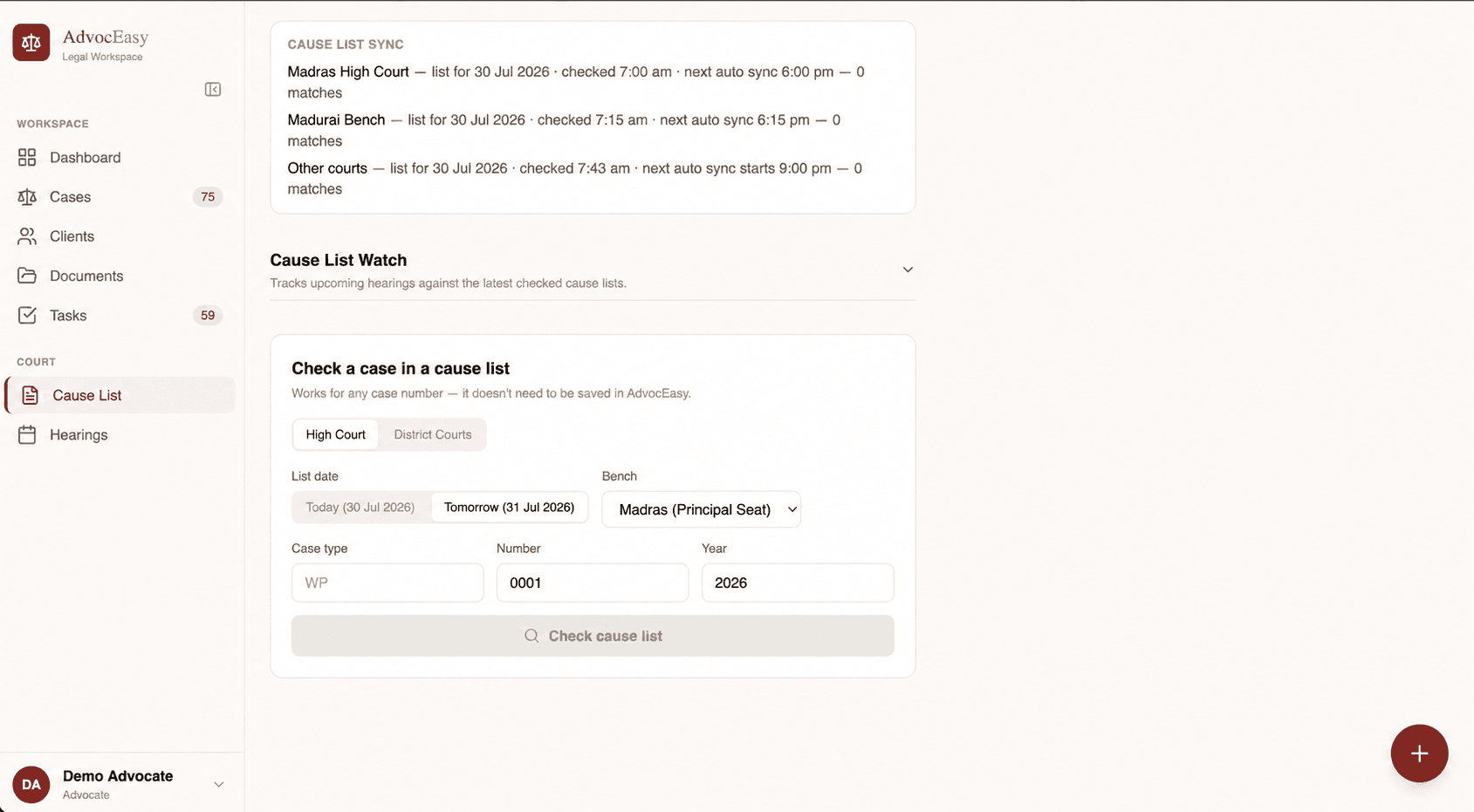 AdvocEasy cause-list screen using an anonymized demo case number