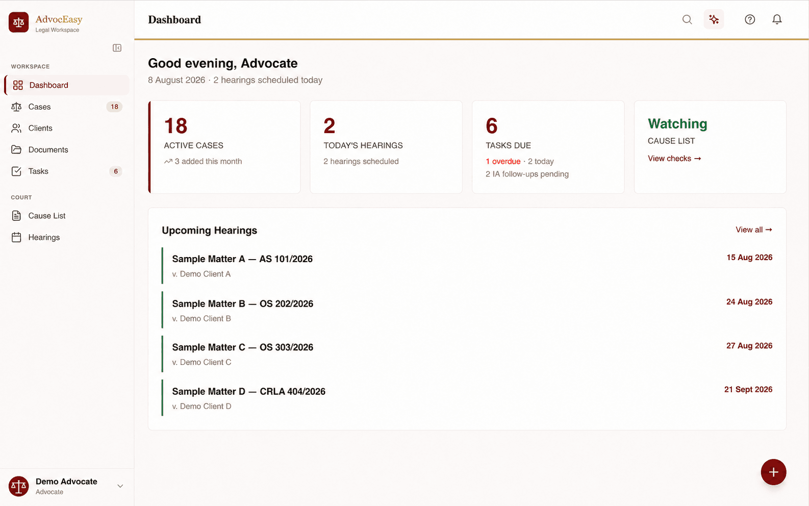 AdvocEasy dashboard showing demo case, hearing, task and cause-list information